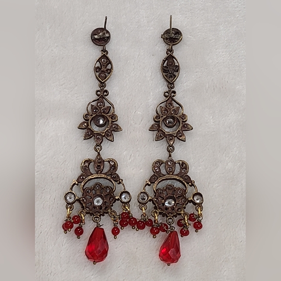 Antique Paste Chandelier Earrings With Clear & Red Stones ***READ DESCRIPTION*** - Picture 14 of 16